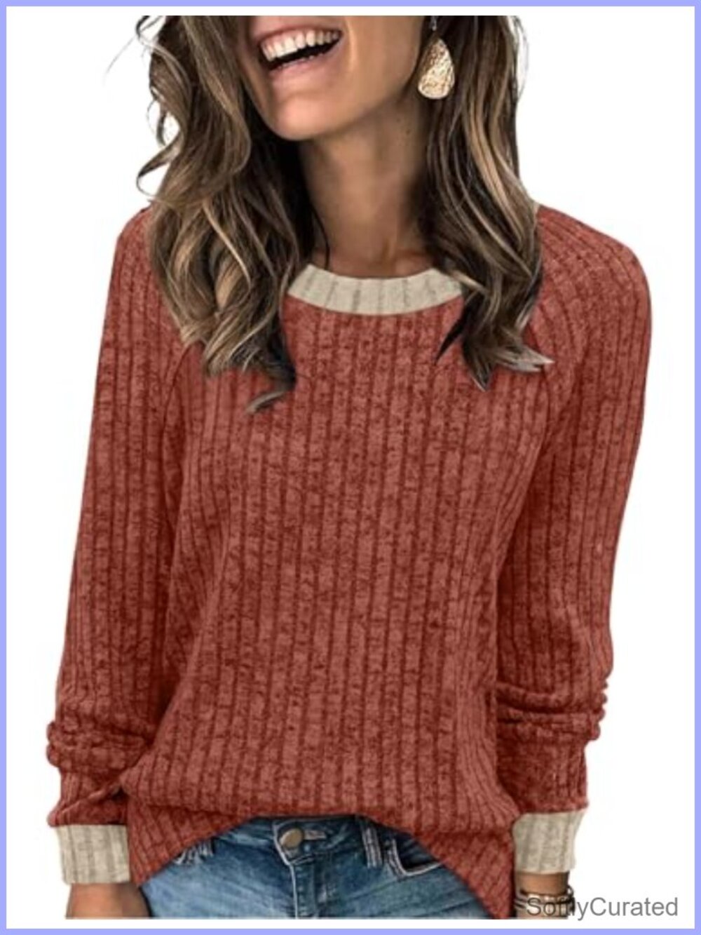 Womens Lightweight Color Block Crew Neck Pullover Sweater Long Sleeve Casual